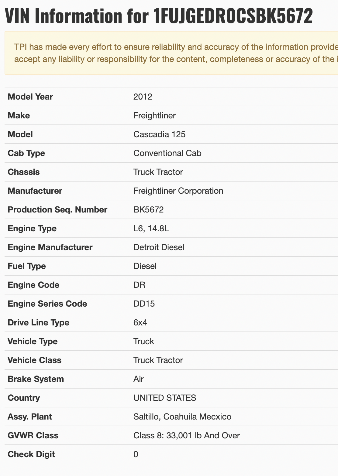 2012 Freightliner Cascadia 125 Cab & Chassis Truck  GLIDER KIT (NO ENGINE NO TRANSMISSION)