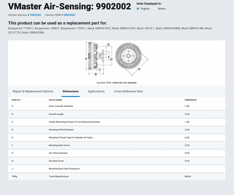 Mack EM7 / E7 Horton VMaster Air-Sensing Fan Clutch Part